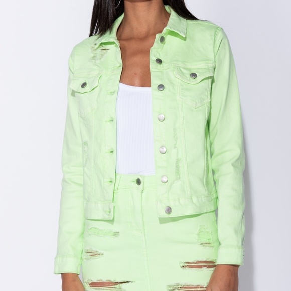 Rumors Neon Green Distressed Denim Jean Jacket - Picture 3 of 8